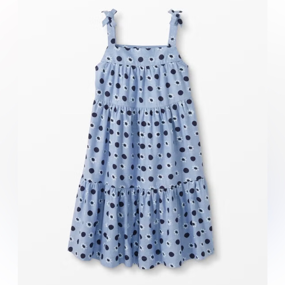 🌟HANNA ANDERSSON🌟 GIRLS CHAMBRAY FLORAL POLKA DOT TIERED SUN DRESS BLUE SZ 10 - Picture 1 of 9